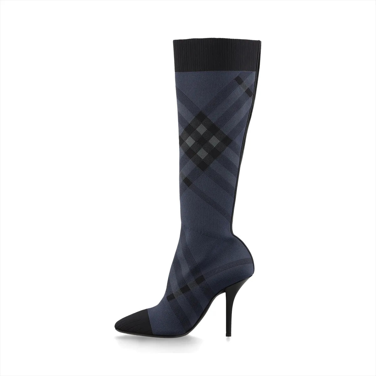 Burberry Knit Check & Leather Tall Boots — Navy & Black, 38; actual item photo 4