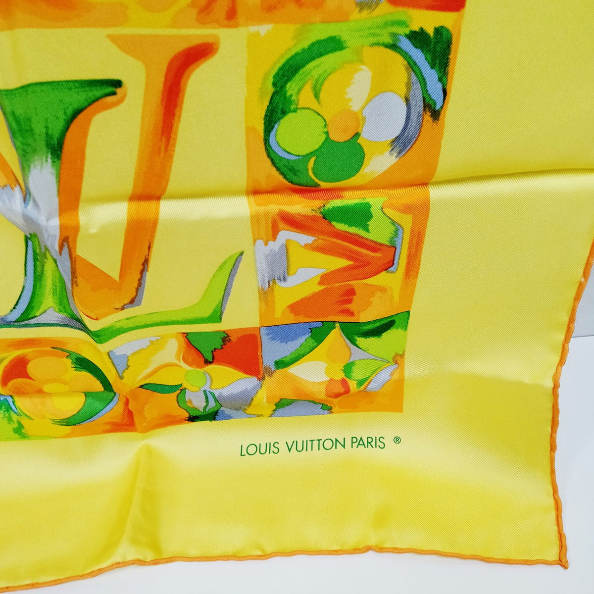 Louis Vuitton Yellow Monogram Mosaic Silk Scarf — original detail
