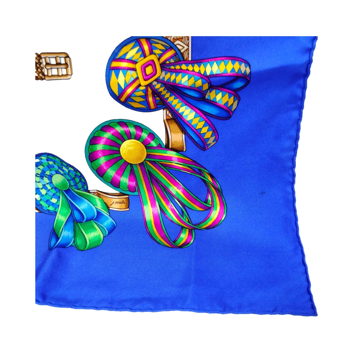 Hermès Les Rubans du Cheval Carré 90 Silk Scarf — Blue Multicolor — original photograph 3