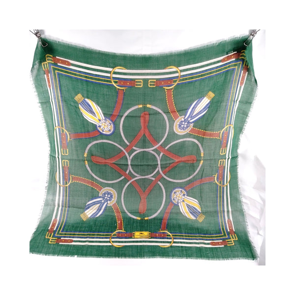 Longchamp Green Equestrian Wool & Silk Scarf