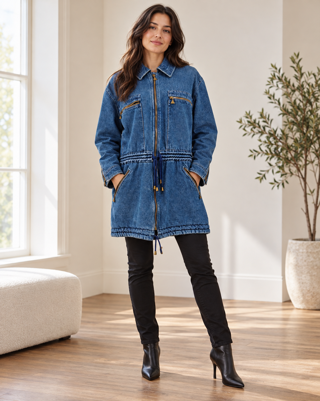 Styling example showing Gianni Versace Blue Denim Zip-Front Coat — IT 42 worn with complementary pieces