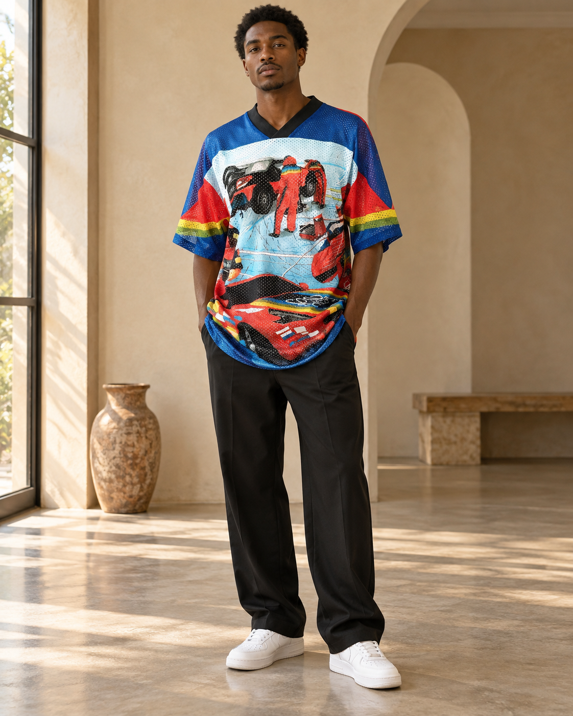 Styling example showing Loewe Multicolor Jimmy 46 Racing-Print Mesh Jersey worn with complementary pieces