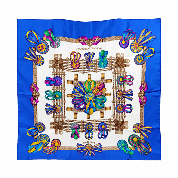 Hermès Les Rubans du Cheval Carré 90 Silk Scarf — Blue Multicolor