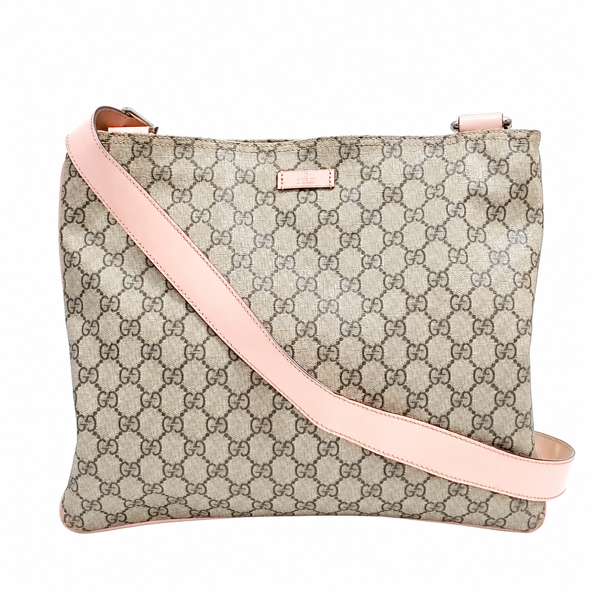 Gucci Beige GG Coated-Canvas Messenger Bag with Pink Trim on pure white