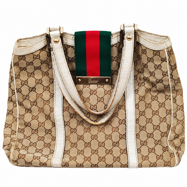 Gucci Beige GG Canvas Web-Stripe Bag with Ivory Handles