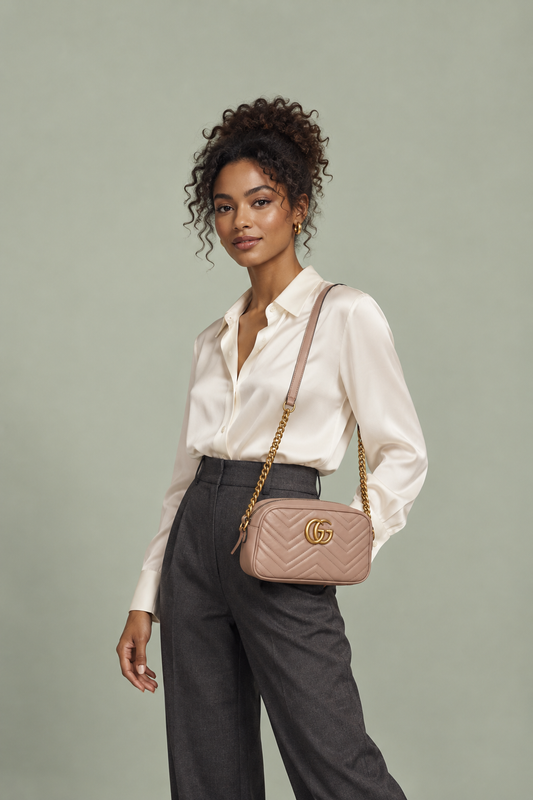 AI styling illustration of a model wearing the pink Gucci Marmont shoulder bag