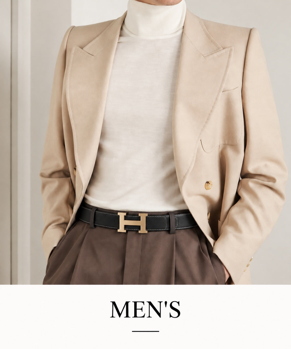Men’s designer style with a beige blazer and black Hermès belt