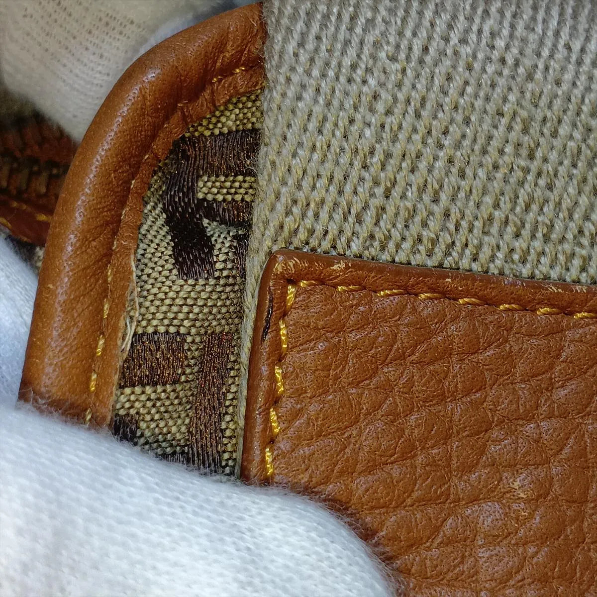 Fendi Zucchino Canvas Leather Shoulder Bag Beige×Brown