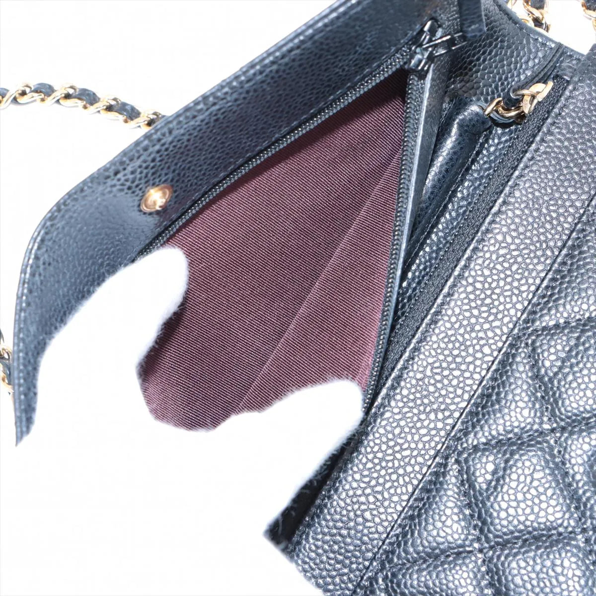 Chanel CC Logo Matelasse Caviar Skin Wallet on Chain Black Gold