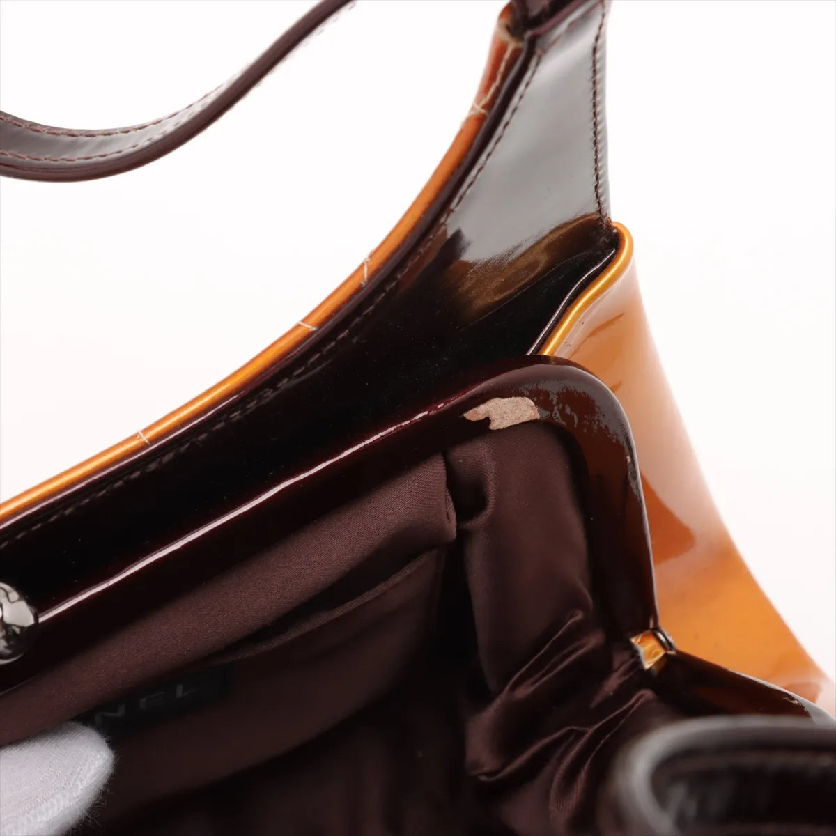 Chanel CC Logo Chocolate Bar Patent Leather Shoulder Bag Gold x Brown