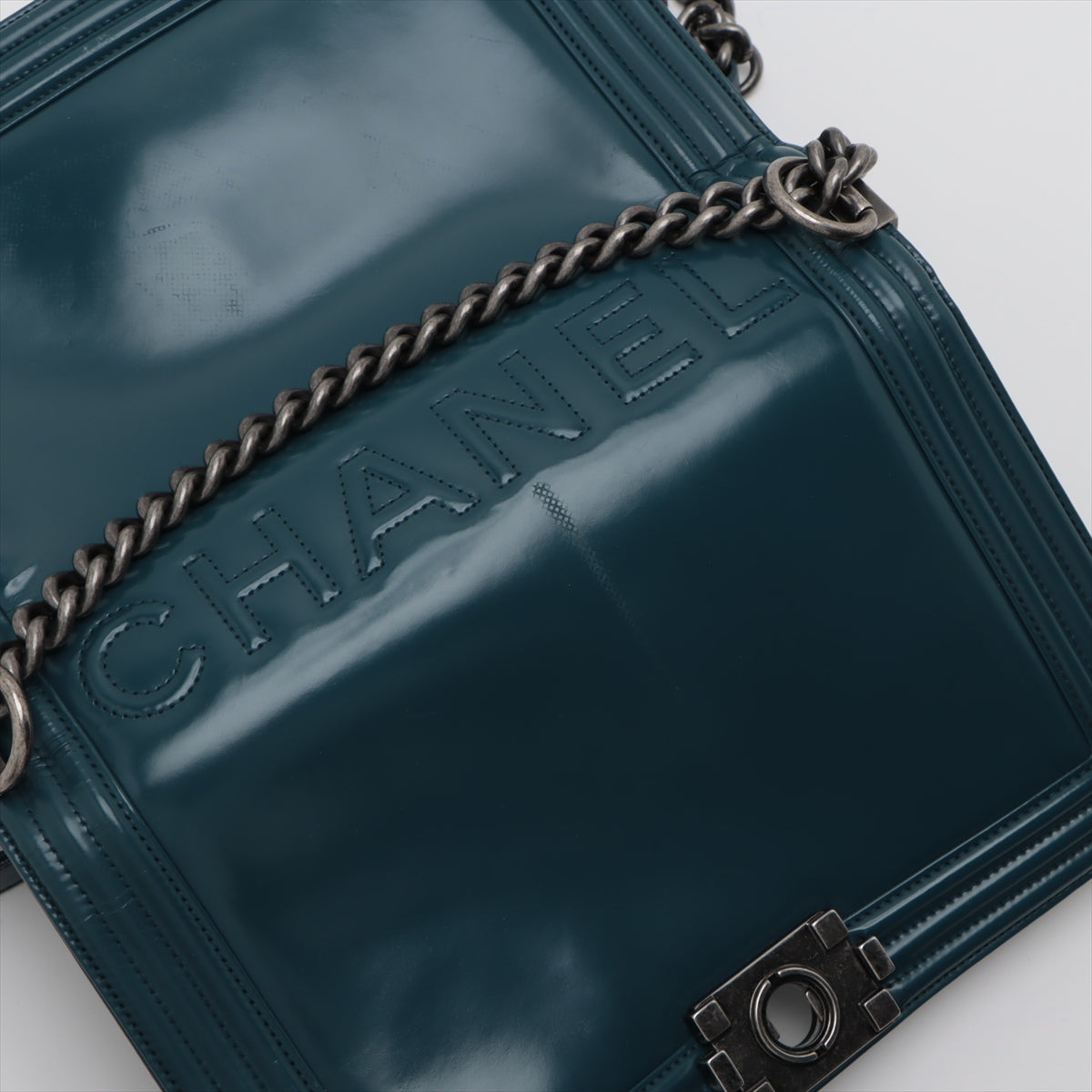 Chanel Boy 28 Large Patent Leather Chain Shoulder Bag Blue Green