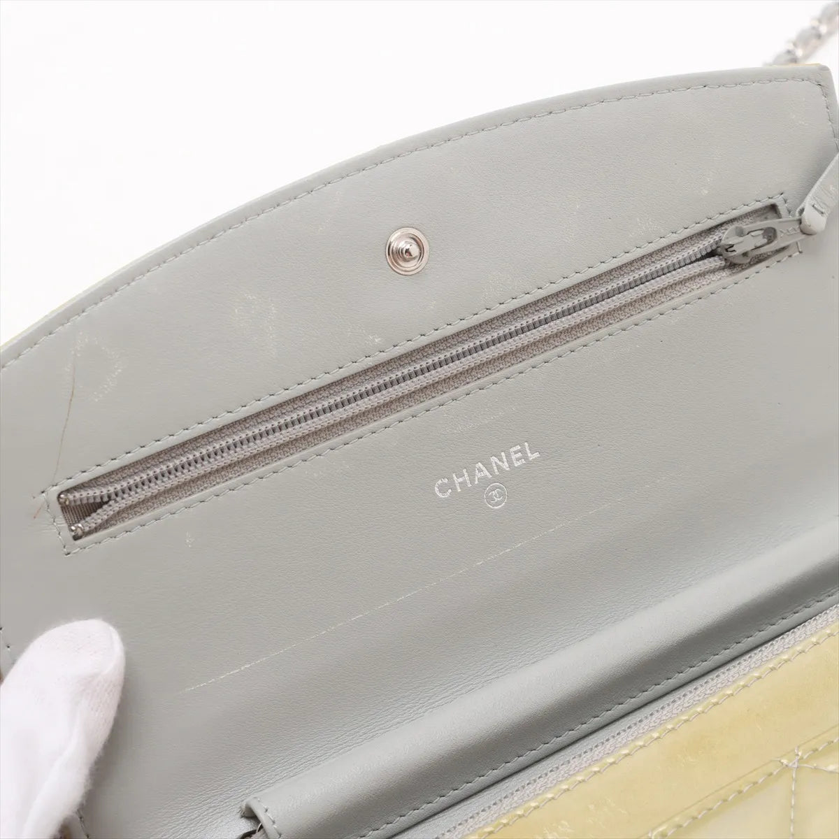 Quality Chanel CC Logo Matelasse Patent Leather Chain Wallet Yellow