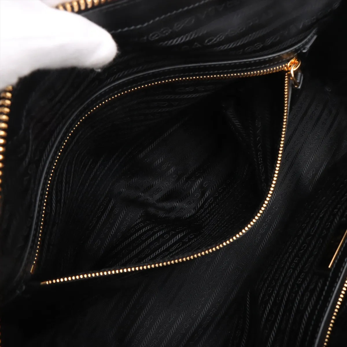 Prada Embroidery Fabric x Leather Two-Way Boston Bag Beige x Black