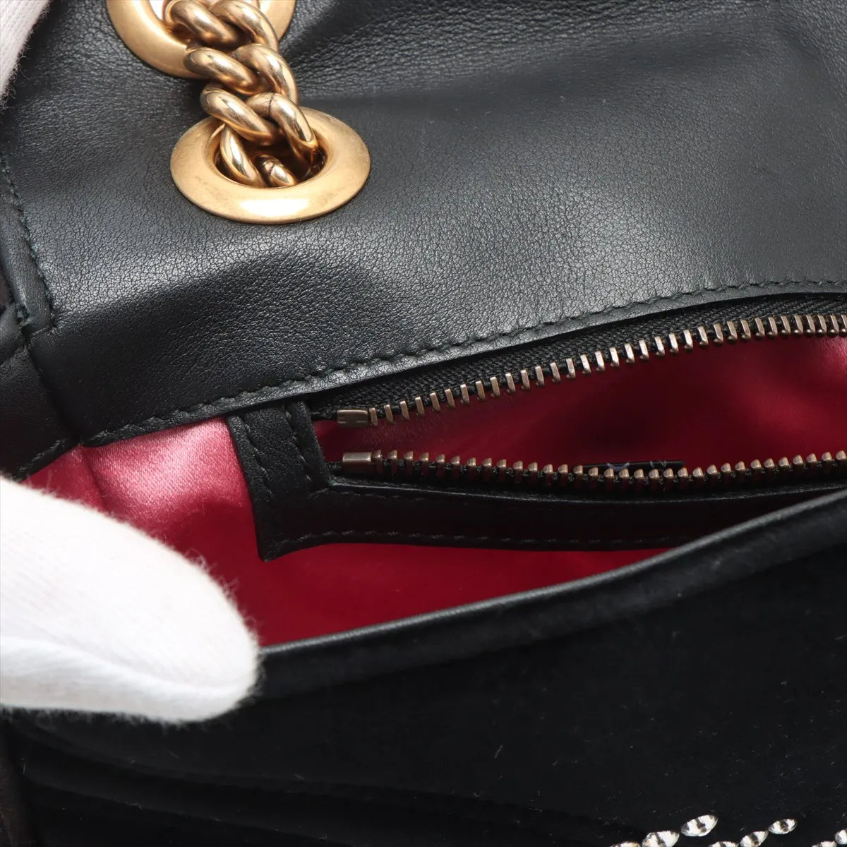 Gucci GG Marmont Crystals Velour x Bijou Chain Shoulder Bag Black