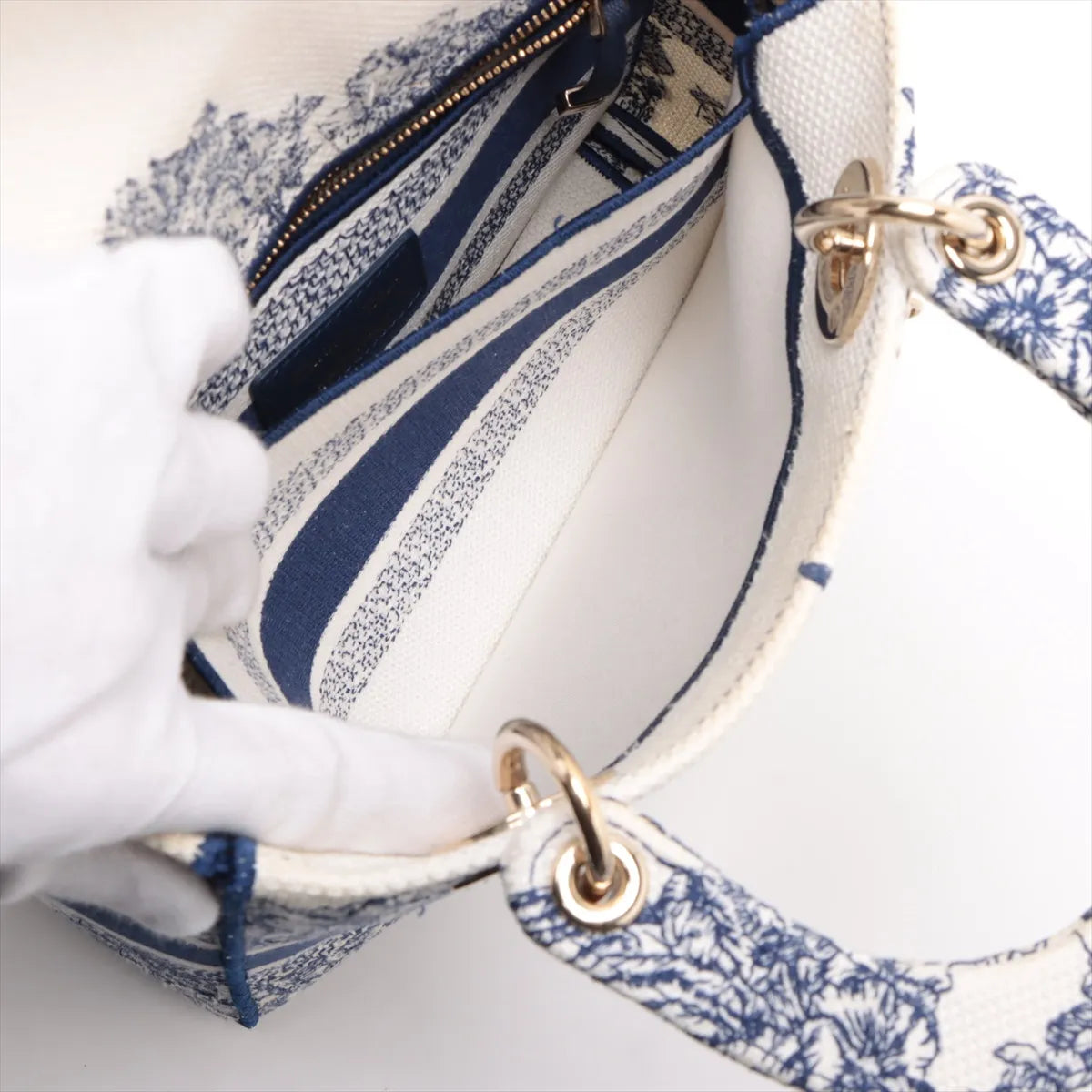 Christian Dior Lady D-Lite Medium Canvas Two-Way Shoulder Bag White x Blue
