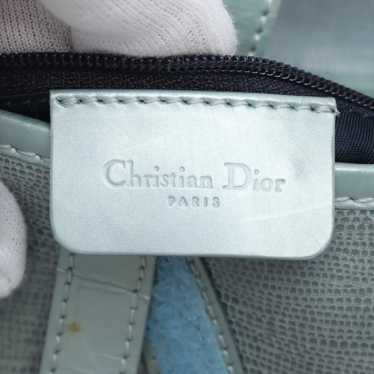 Christian Dior Double Saddle Lizard Embossing Leather Shoulder Bag Blue