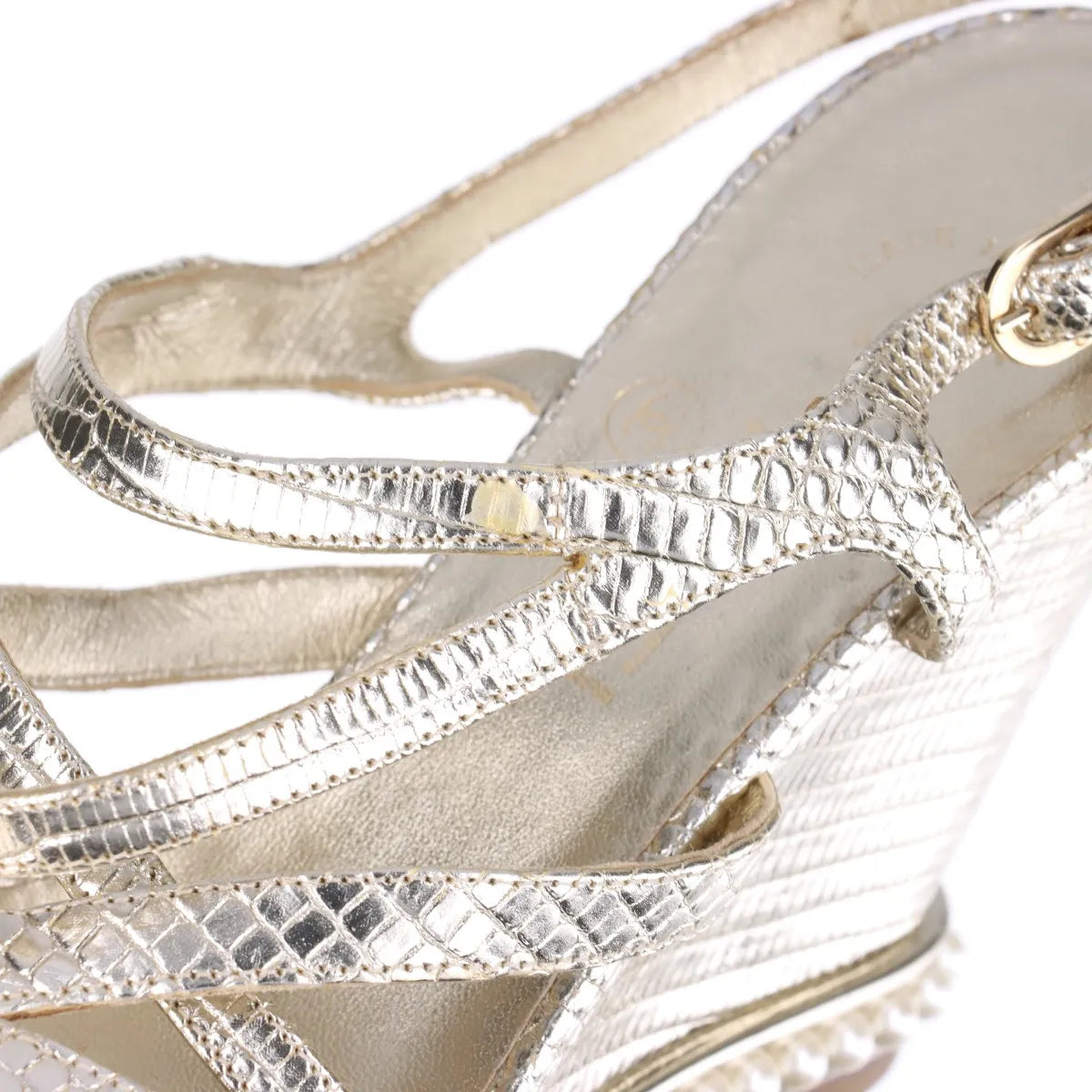 Chanel CC Logo Moc Lizard Wedge Sandal Gold