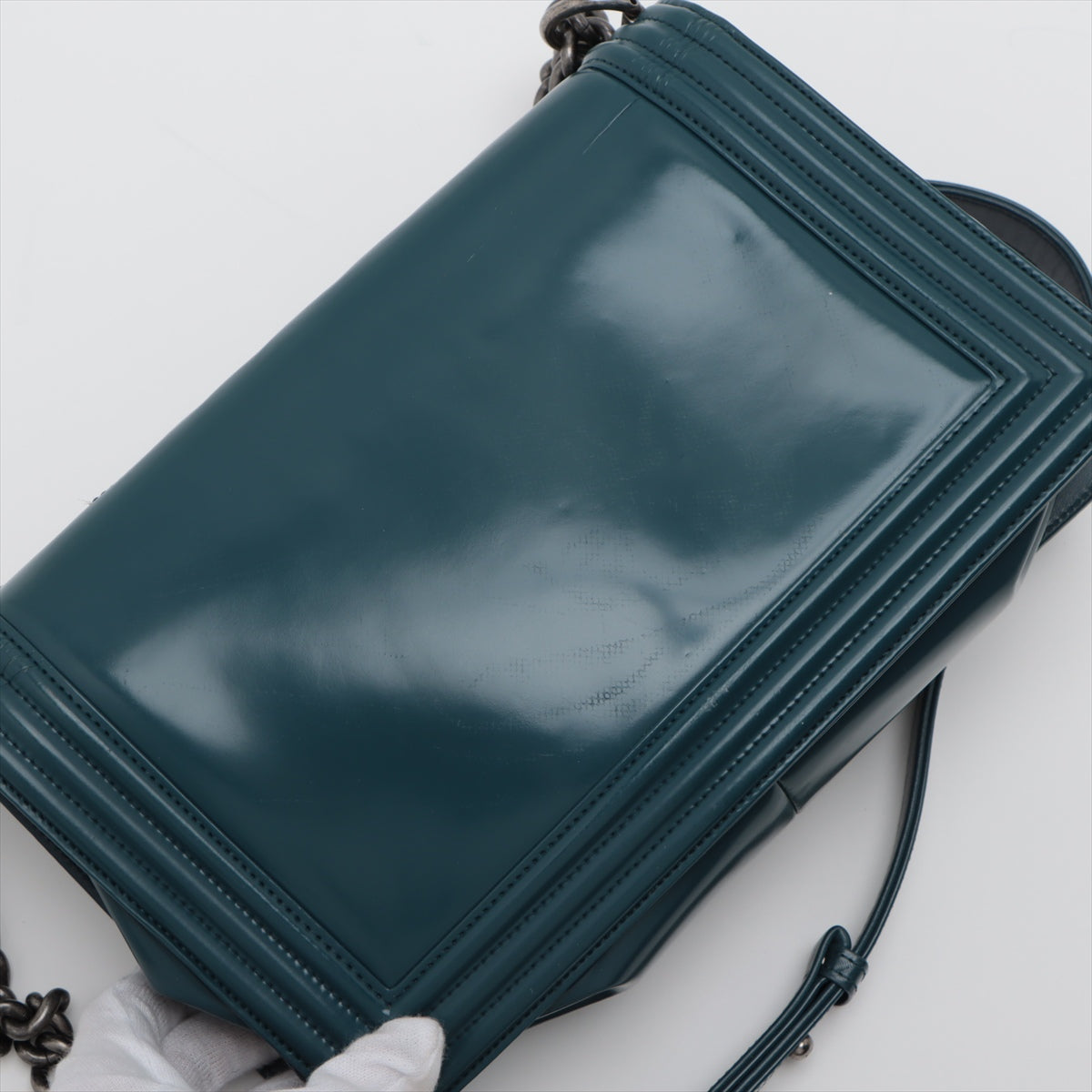 Chanel Boy 28 Large Patent Leather Chain Shoulder Bag Blue Green