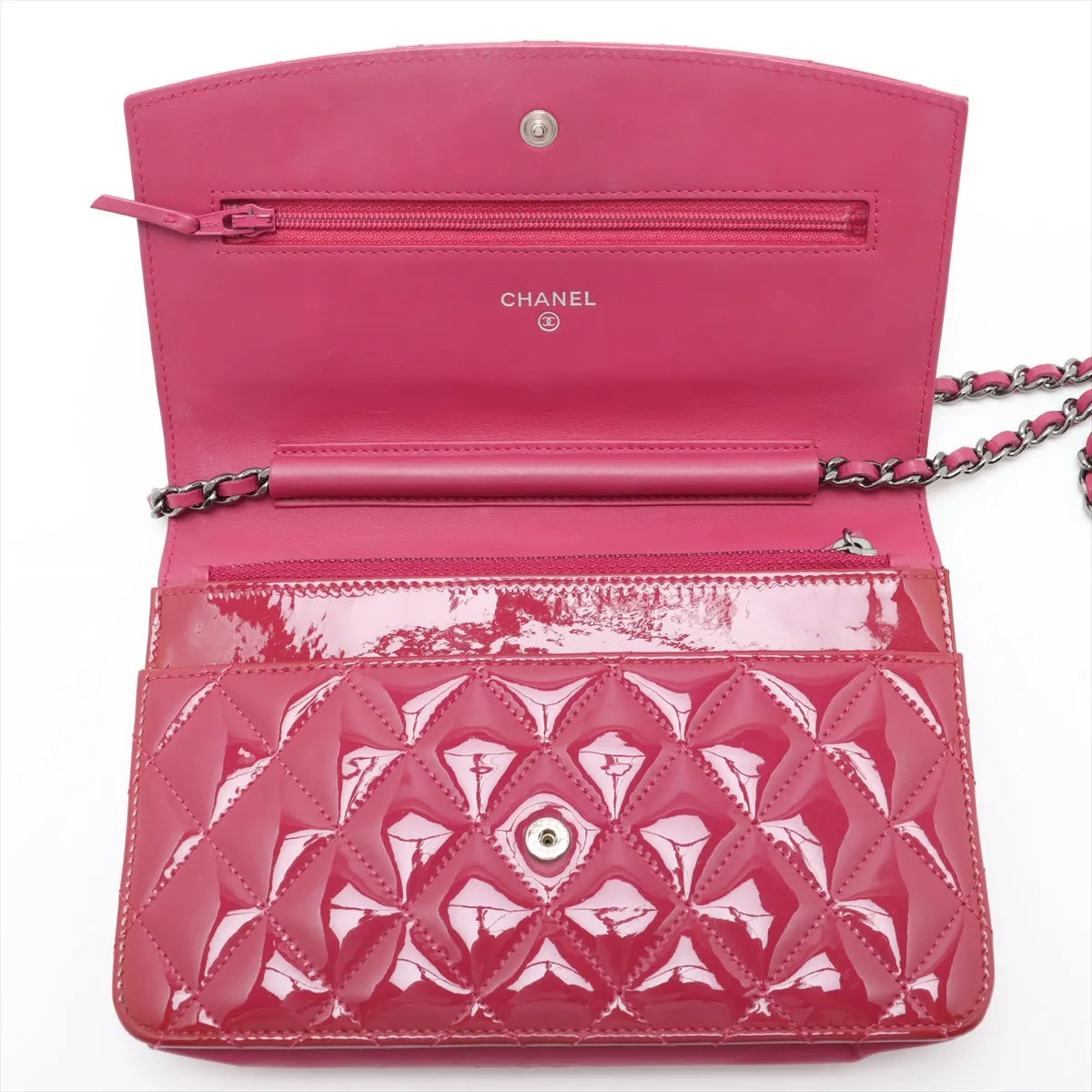 Chanel CC Logo Matelasse Patent Leather Chain Wallet Bag Pink