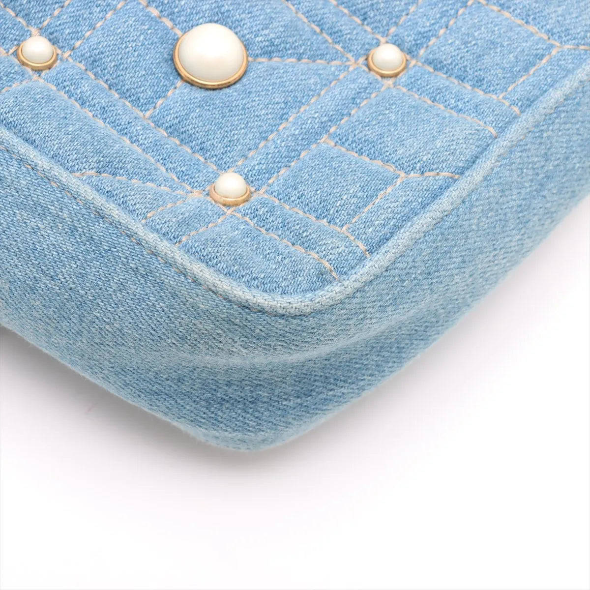 Gucci GG Marmont Pearl Stud Denim Chain Shoulder Bag Blue