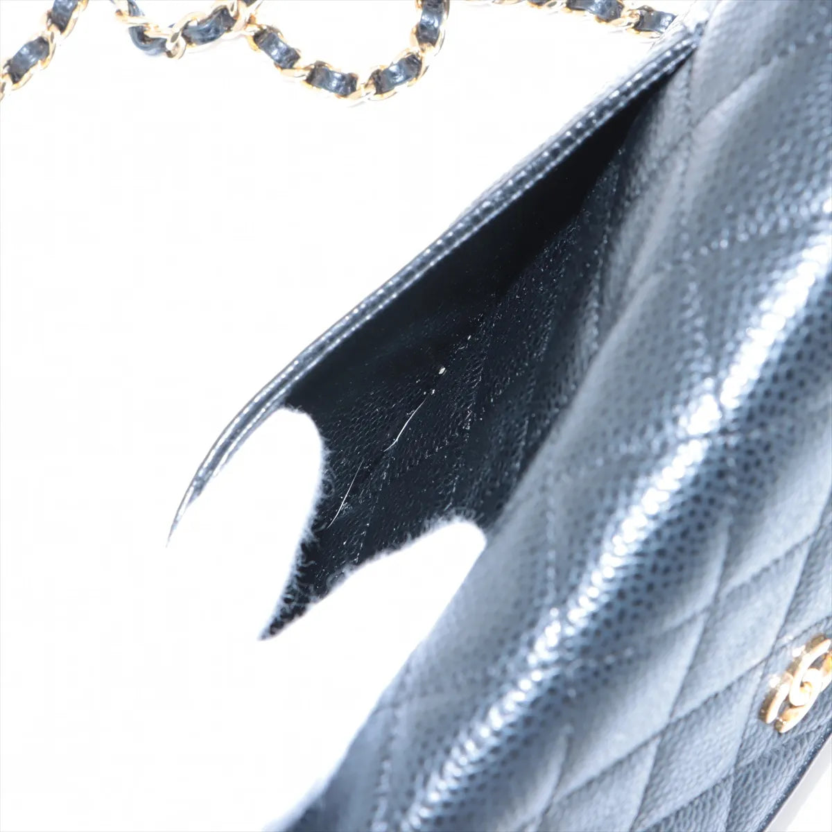 Chanel CC Logo Matelasse Caviar Skin Wallet on Chain Black Gold
