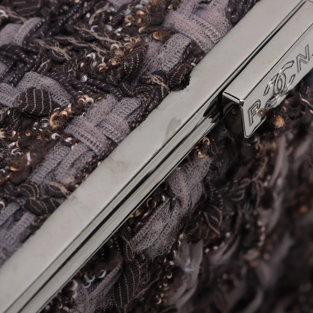 Chanel Paris New York Line Tweed Vanity Chain Handbag Gray X Black