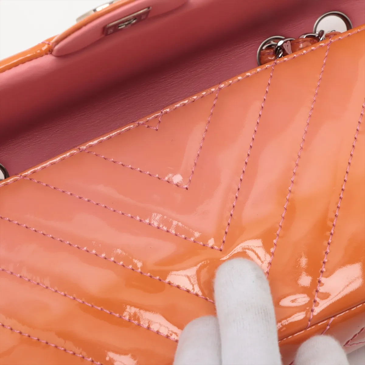 Chanel CC Logo Chevron Patent Leather Single Flap Double Chain Bag Salmon x Pink