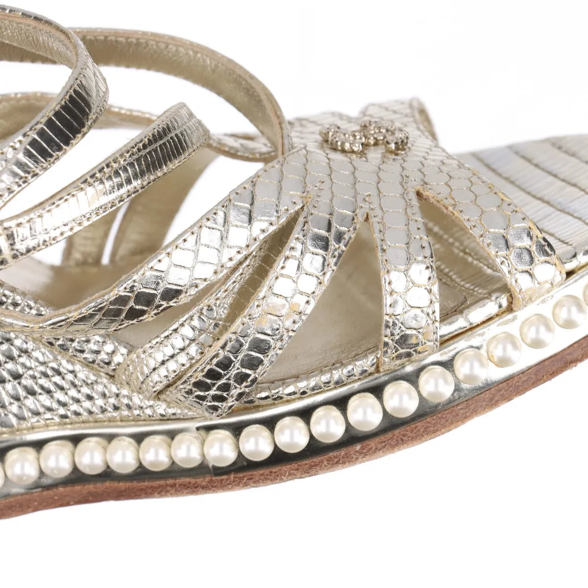 Chanel CC Logo Moc Lizard Wedge Sandal Gold