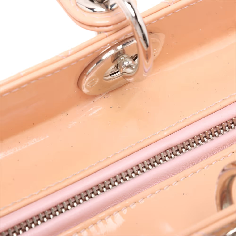 Christian Dior Lady Dior Cannage Patent Leather Two-Way Handbag Beige x Pink