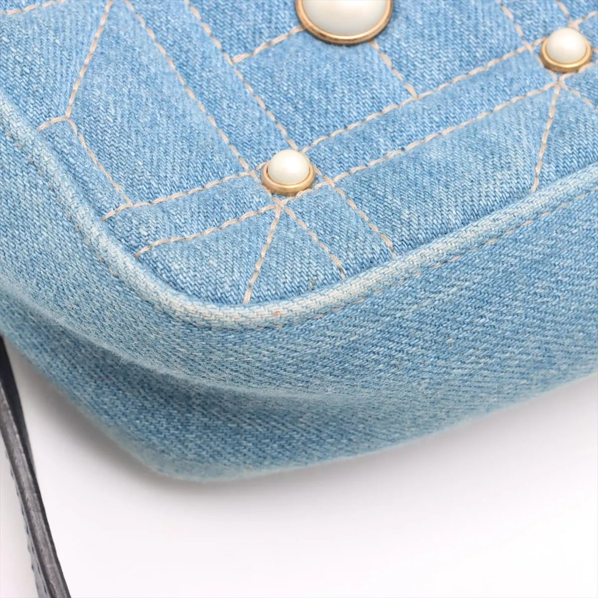 Gucci GG Marmont Pearl Stud Denim Chain Shoulder Bag Blue