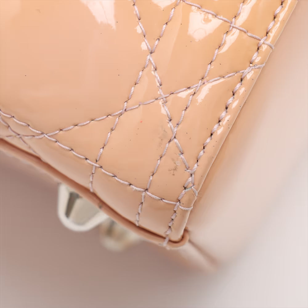 Christian Dior Lady Dior Cannage Patent Leather Two-Way Handbag Beige x Pink