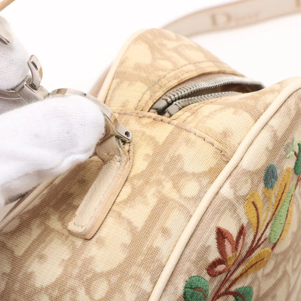 Christian Dior Trotter Embroidered Floral Shoulder Bag Beige