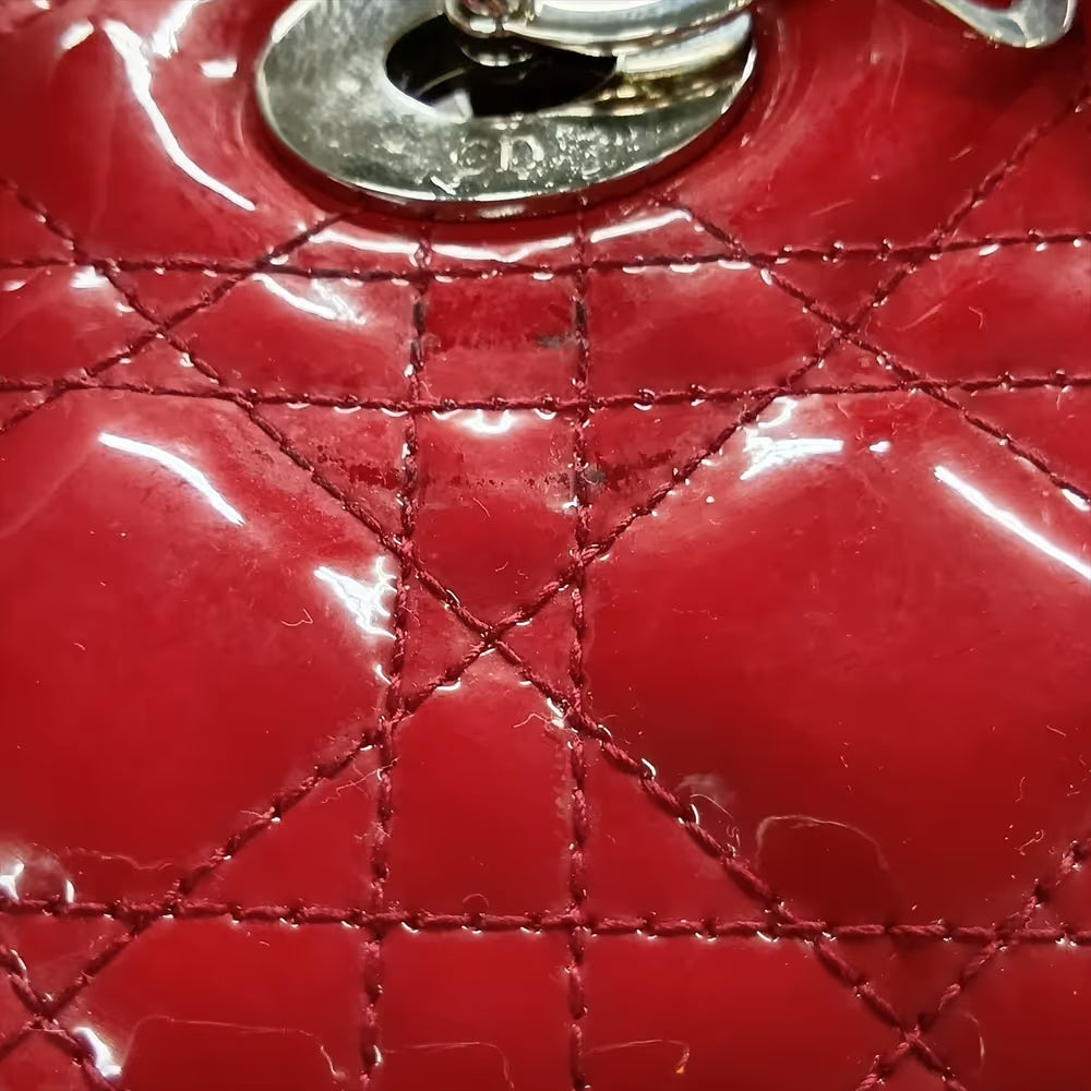 Christian Dior Cannage Lady Dior Large Patent Leather Two-Way Shoulder Bag Red
