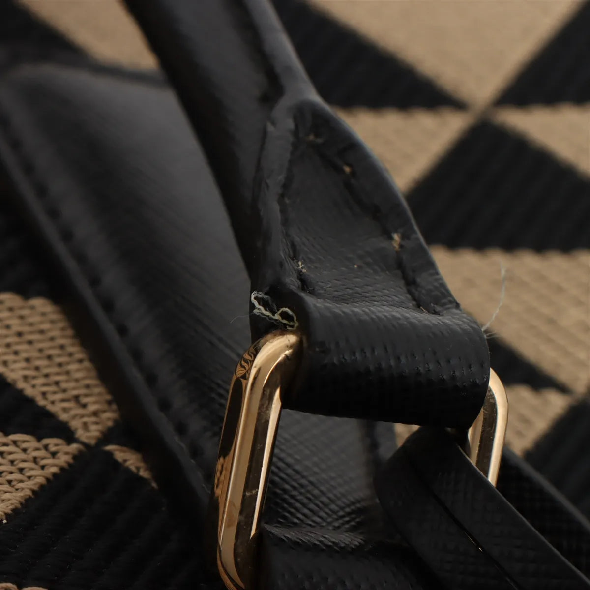 Prada Embroidery Fabric x Leather Two-Way Boston Bag Beige x Black