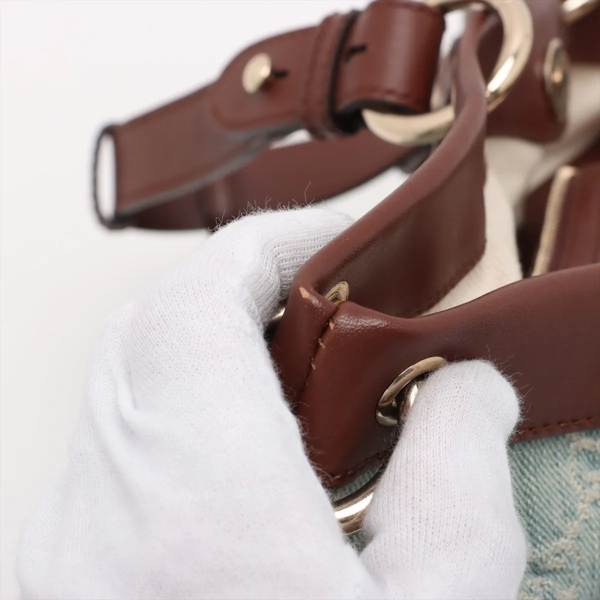 Gucci GG Logo Denim Leather Two-Way Shoulder Bag Blue x Brown