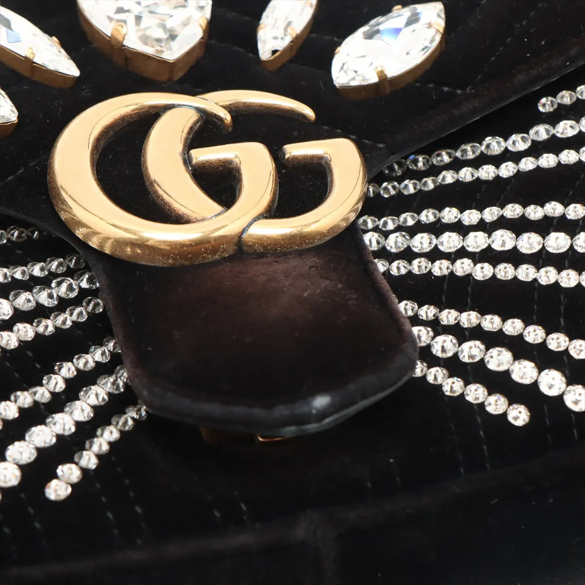 Gucci GG Marmont Crystals Velour x Bijou Chain Shoulder Bag Black