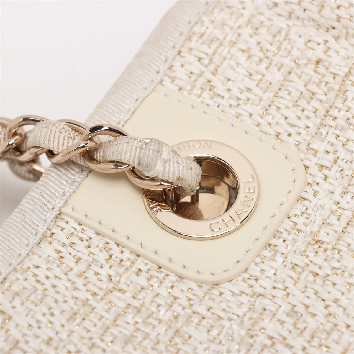 Chanel Deauville PM Tweed Leather Chain Tote Bag White