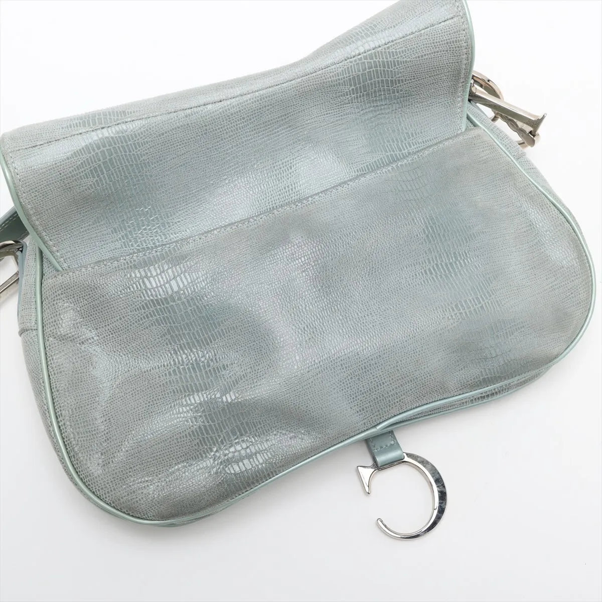 Christian Dior Double Saddle Lizard Embossing Leather Shoulder Bag Blue