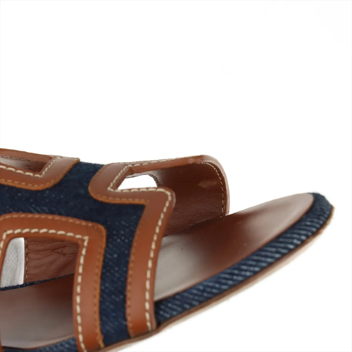 Hermes Oasis Denim & Leather Block Heel Sandals Brown x Denim