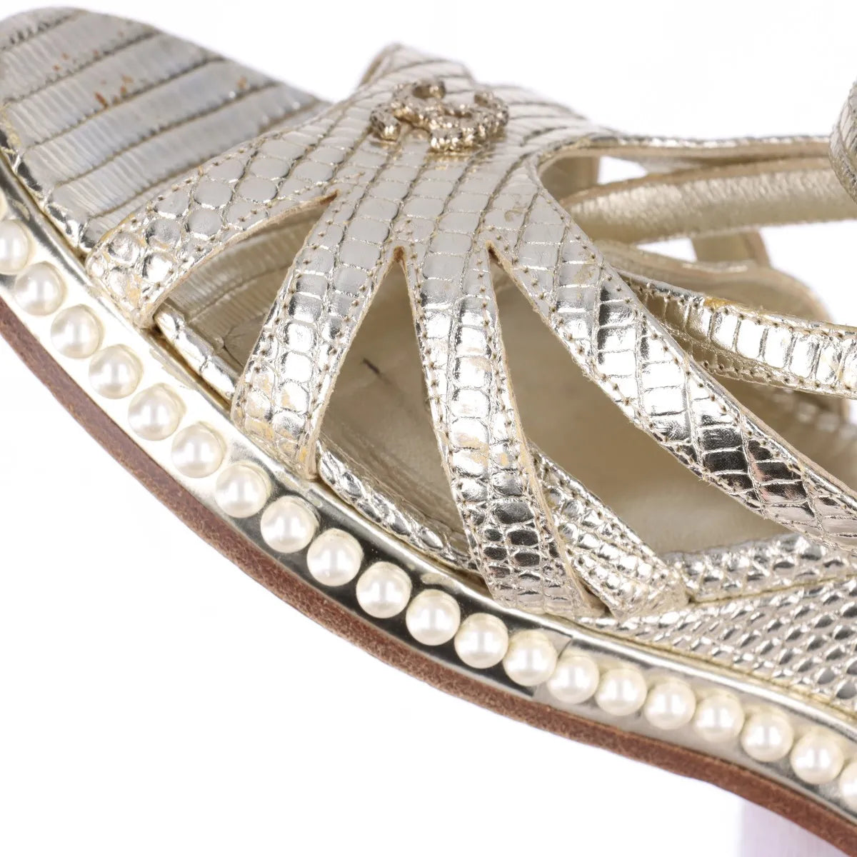 Chanel CC Logo Moc Lizard Wedge Sandal Gold