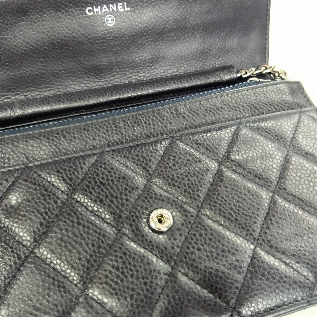 Chanel CC Logo Matelasse Caviar Skin Wallet on Chain Navy Blue