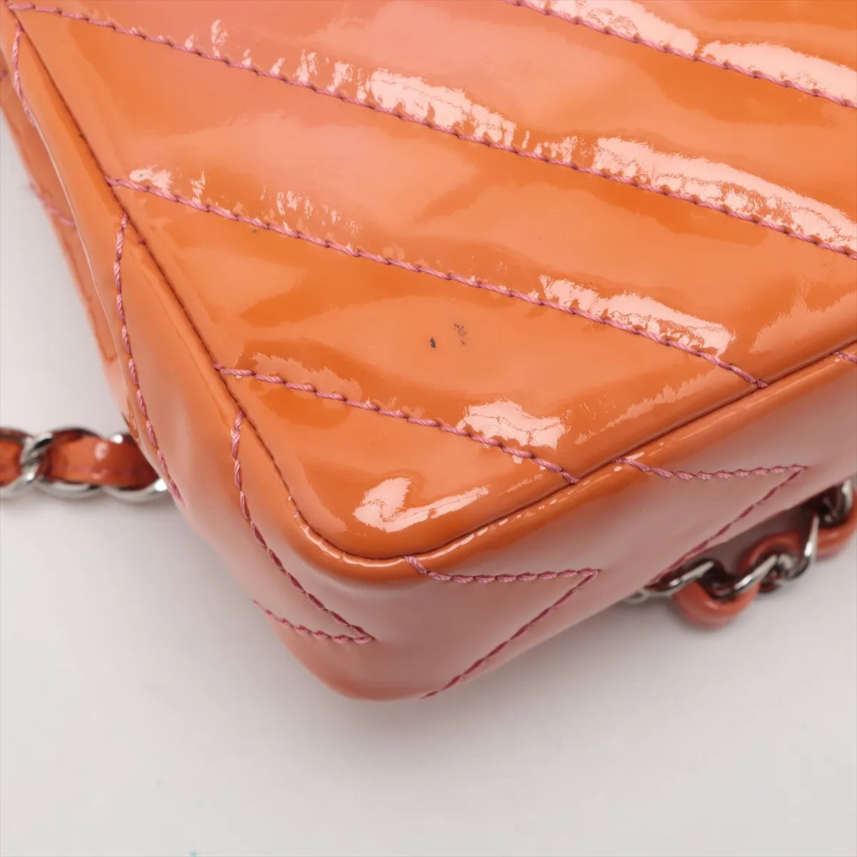 Chanel CC Logo Chevron Patent Leather Single Flap Double Chain Bag Salmon x Pink