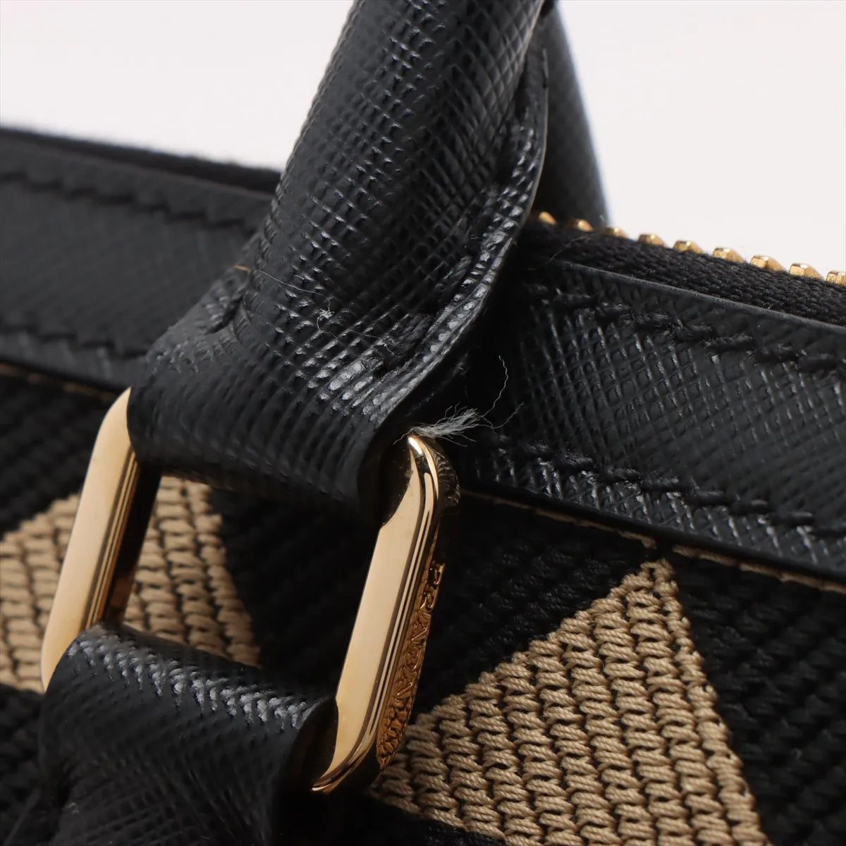 Prada Embroidery Fabric x Leather Two-Way Boston Bag Beige x Black