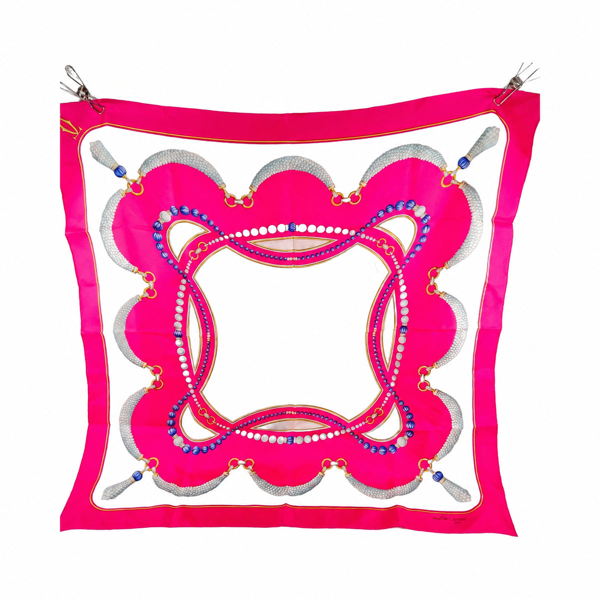 Cartier Hot Pink Tassel & Jewel Print Silk Scarf — product view