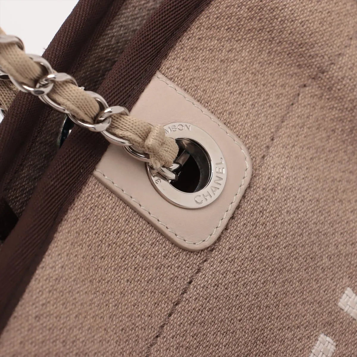 Chanel Deauville MM Canvas Leather Chain Tote Bag Beige