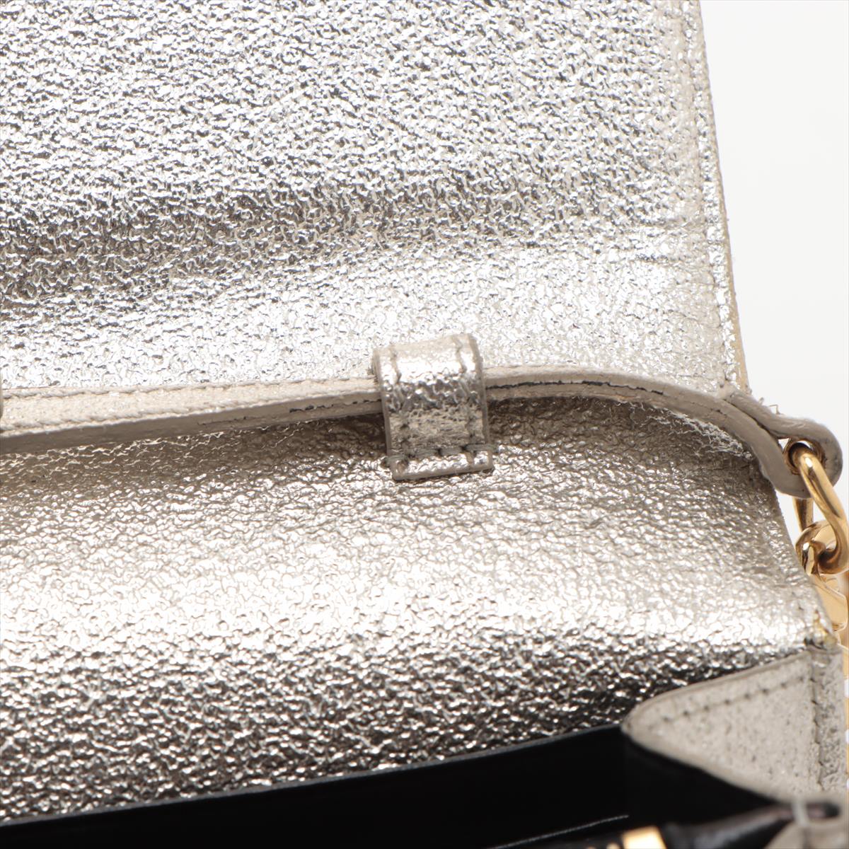 Saint Laurent Paris Monogram Chevron Metallic Leather Chain Wallet Bag Silver