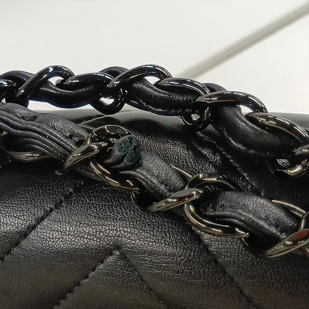 Chanel Chevron Stitch Lambskin Double Flap Double Chain Bag Black