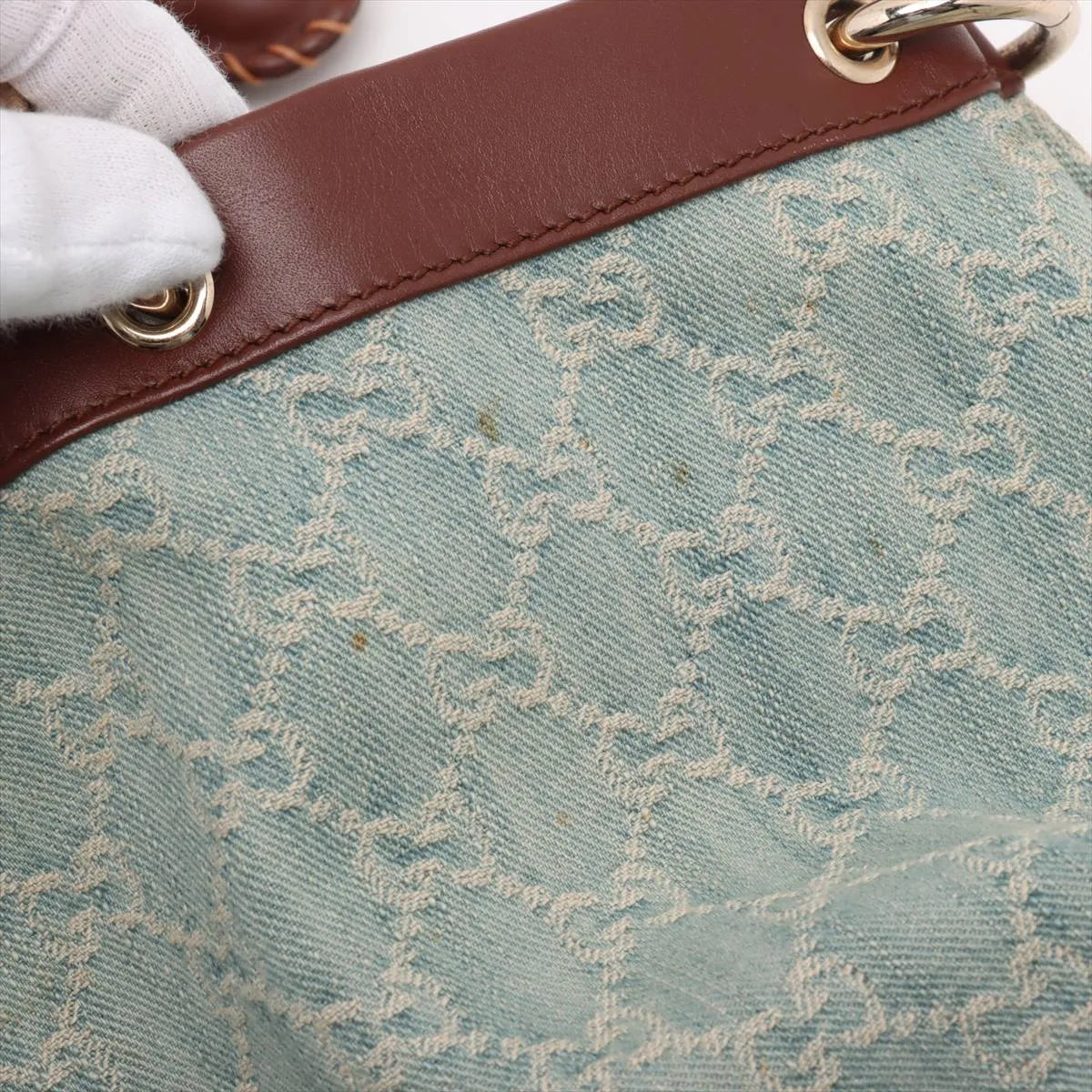 Gucci GG Logo Denim Leather Two-Way Shoulder Bag Blue x Brown