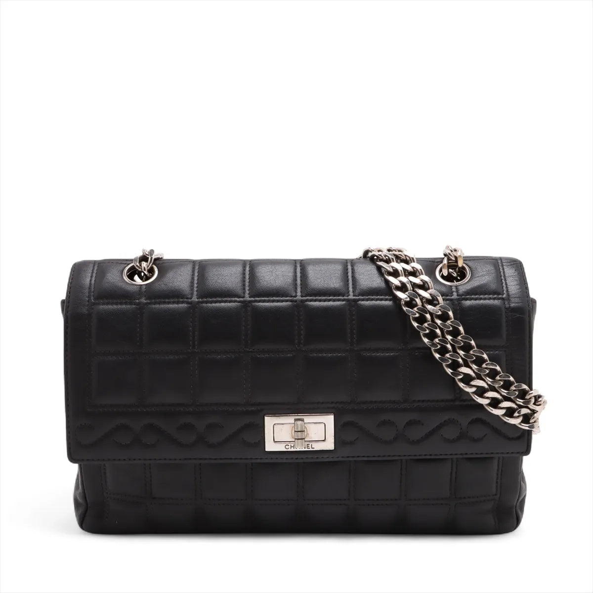 Chanel Chocolate Bar 2.55 Lambskin Single Flap Double Chain Bag Black