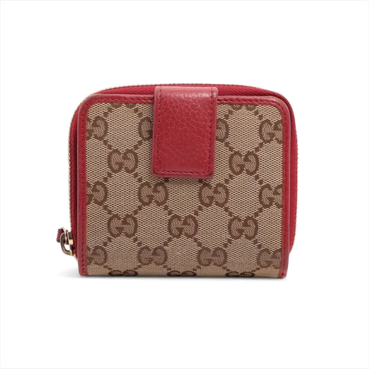 Gucci GG Canvas Leather Compact Wallet Beige x Red